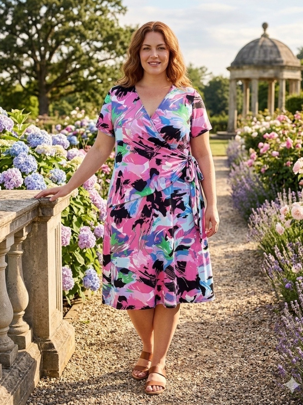 Elementz Woman 1X Faux Wrap Dress Pink Floral Abstract Watercolor Short Sleeve